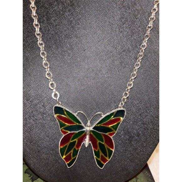 Silver Butterfly Suncatcher Necklace With Red & Green Stained Glass Design On Ch - Picture 11 of 12